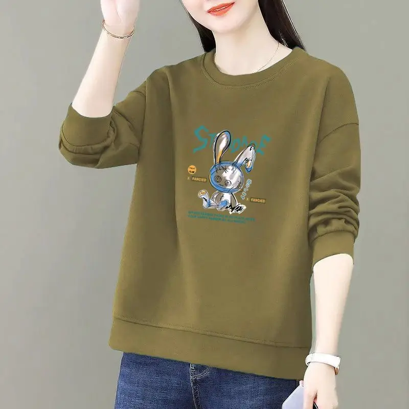 Odzież damska Pullover Letter Cartoon Printing Lantern Long Sleeve Round Neck T-shirt Casual Loose All-match Stylowe topy