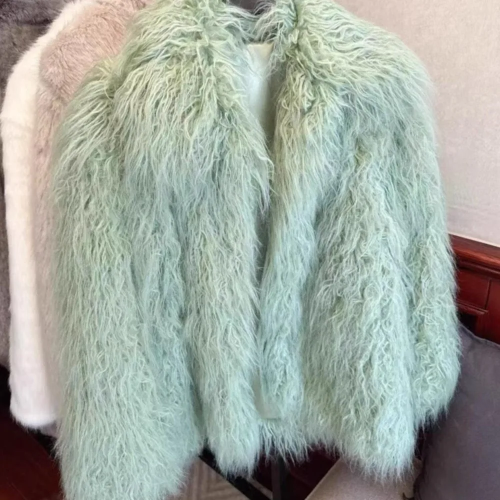 Winter Mint Green 4 inches Long Hairy Curly Faux Sheep Fur Coat Women Lapel Full Sleeve Shaggy Warm Mid long Outerwear Korean