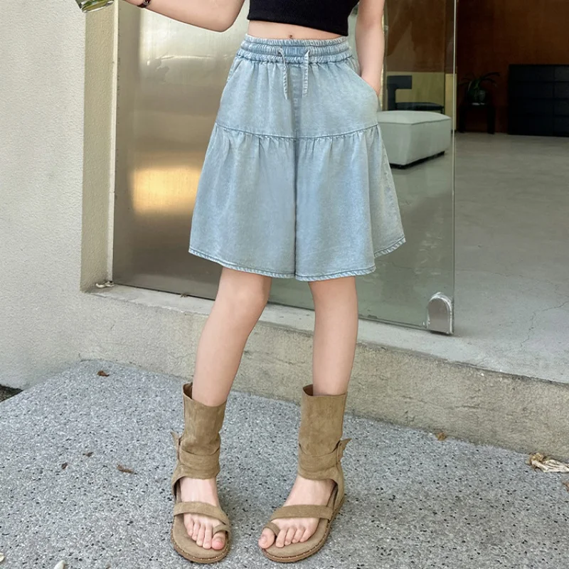 شورت جينز صيفي مرقع للفتيات، شورت فضفاض، تصميم تنورة، سروال رفيع بطول خمسة أرباع، تنورة للمراهقين عالية الخصر على شكل حرف A P