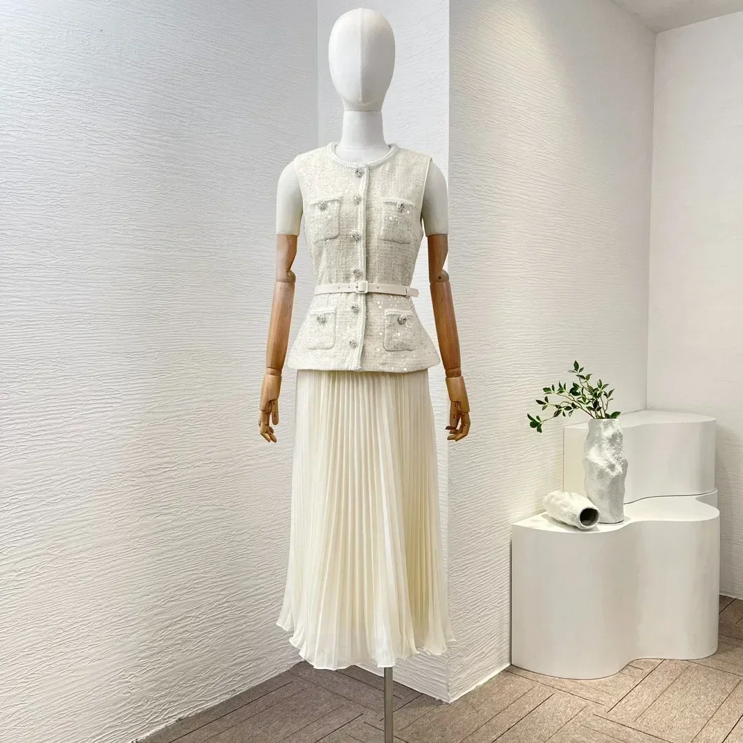 

Top Quality Cloth 2024 Spring Beige Elegant Sequinned Fitted Style Tweed Chiffon Patchwork Tank Mini Dresses White dress Women