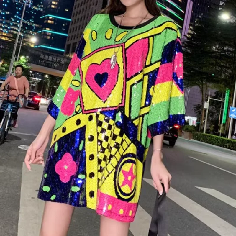 

Summer New Geometry Streetwear Sequined Patchwork Color T-Shirt Round Neck Loose Hip Hop Short Sleeve Straight Women's Tops