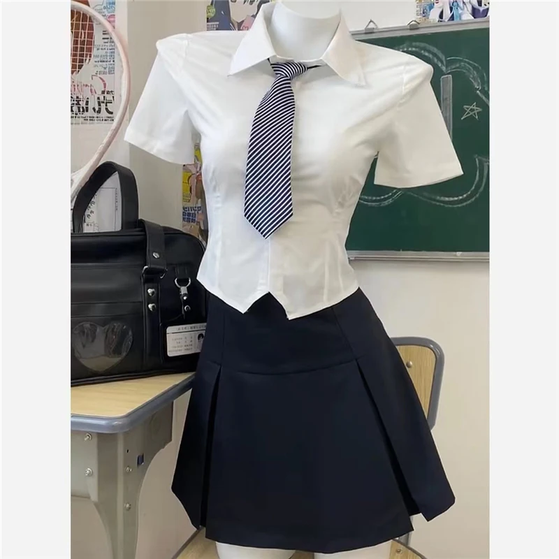 Falda corta plisada de estilo americano para mujer, traje de uniforme JK, camisa de manga corta y corbata, conjuntos de camisa, chaleco de verano