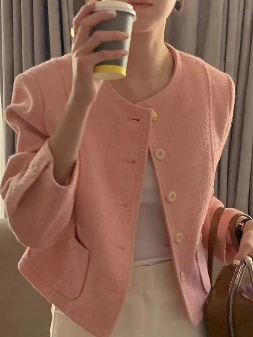 

Ele Loose Long Sve round Ne Open Cardigan Women's Single Button Faionable ort Outerwear Korean Sle Commute