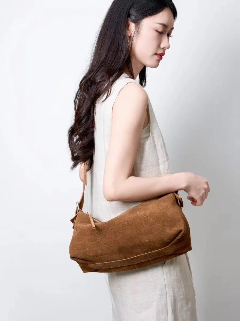 Women's Suede Leather Crossbody Bag Light Luxury Commuting Shoulder Handbag High-End Niche Armpit Bag