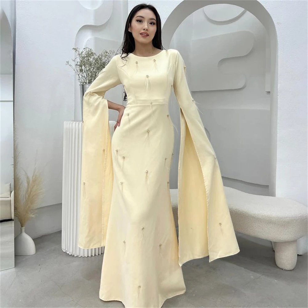 

Tarot Yellow Feathers Dubai Prom Dresses Satin Long Sleeves O-Neck Mermaid Evening Dress 2024 Floor Length فساتين حفلة موسيقية