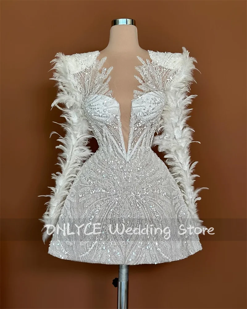 Sexy Sparkly Beading Prom Dresses  Long Sleeves Glitter Beads Crystal Feathers Birthday Party Gowns Cocktail Gown  Customized
