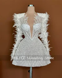 Sexy Sparkly Beading Prom Dresses  Long Sleeves Glitter Beads Crystal Feathers Birthday Party Gowns Cocktail Gown  Customized