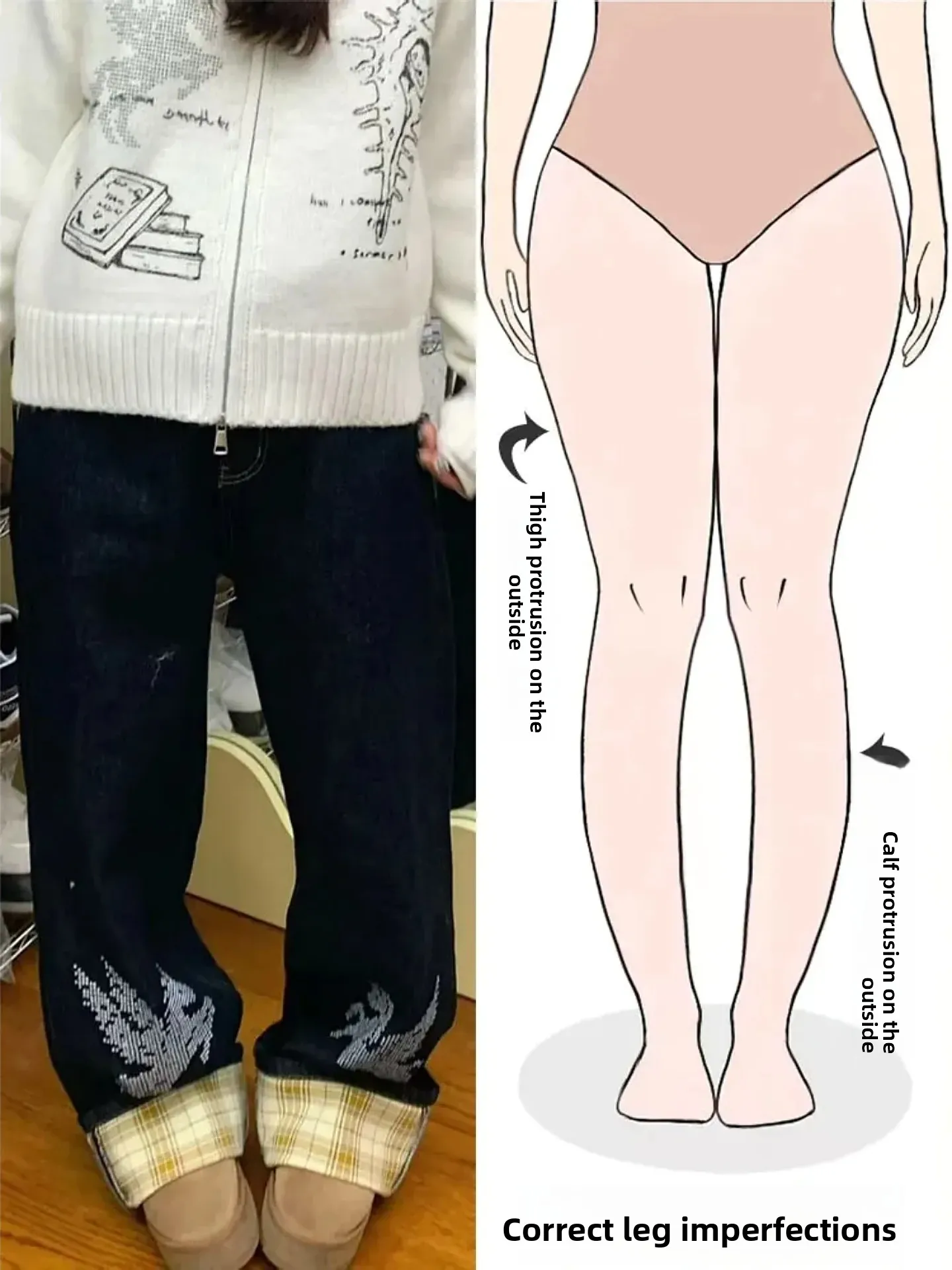 

Retro American Horseman Plaid Splicing Wide Leg Jeans Women's Loose Fit Autumn Winter New Street Style Denim Pants