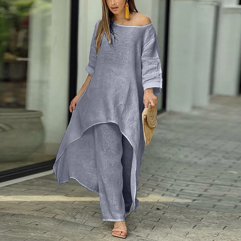 African Clothes 2 Piece Women Set Women Outfits Cotton Linen Suit Long-Sleeved Top Pants Oversize Trousers Casual Party Set