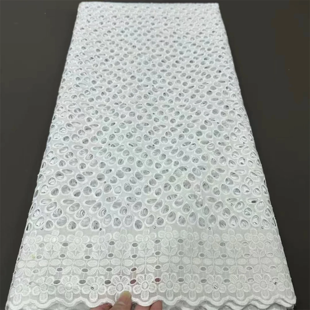 Tecido de renda de algodão seco para vestidos de casamento, pedras nigerianas Voile, Dubai, alta qualidade, 5 jardas, 2024