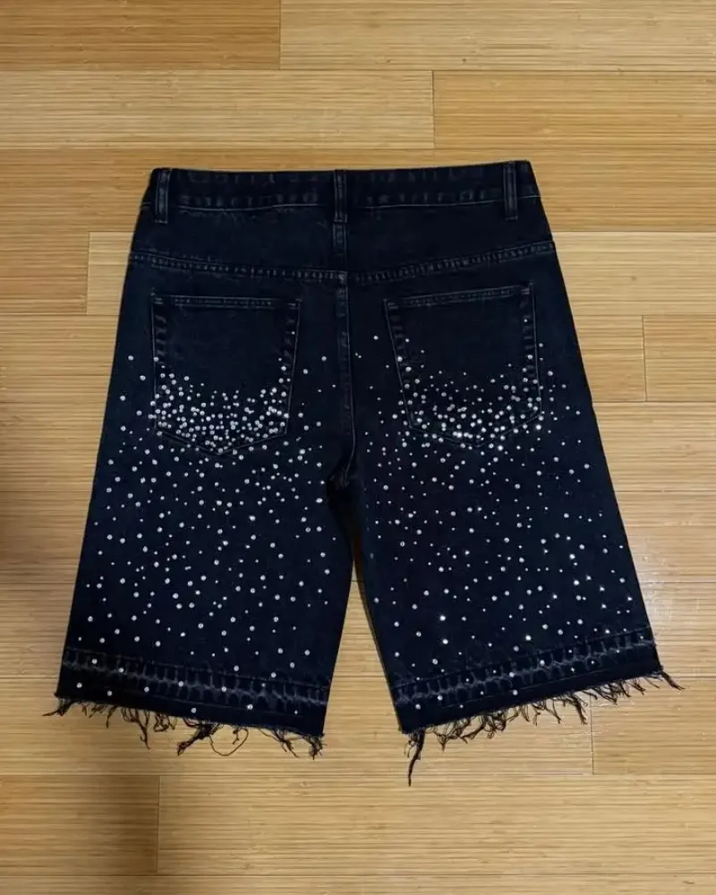 Retro Gothic fashion letter rhinestone oversized jeans men's Y2K clothing loose casual versatile shorts low waist couple style