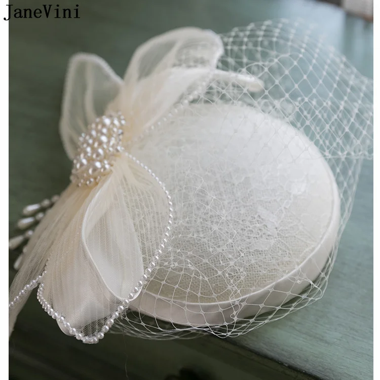 JaneVini – chapeau de mariage blanc élégant, avec épingles à cheveux et Clips, nœud en perle, voile de visage en maille, chapeaux de mariée, fête Cocktail, accessoires pour cheveux