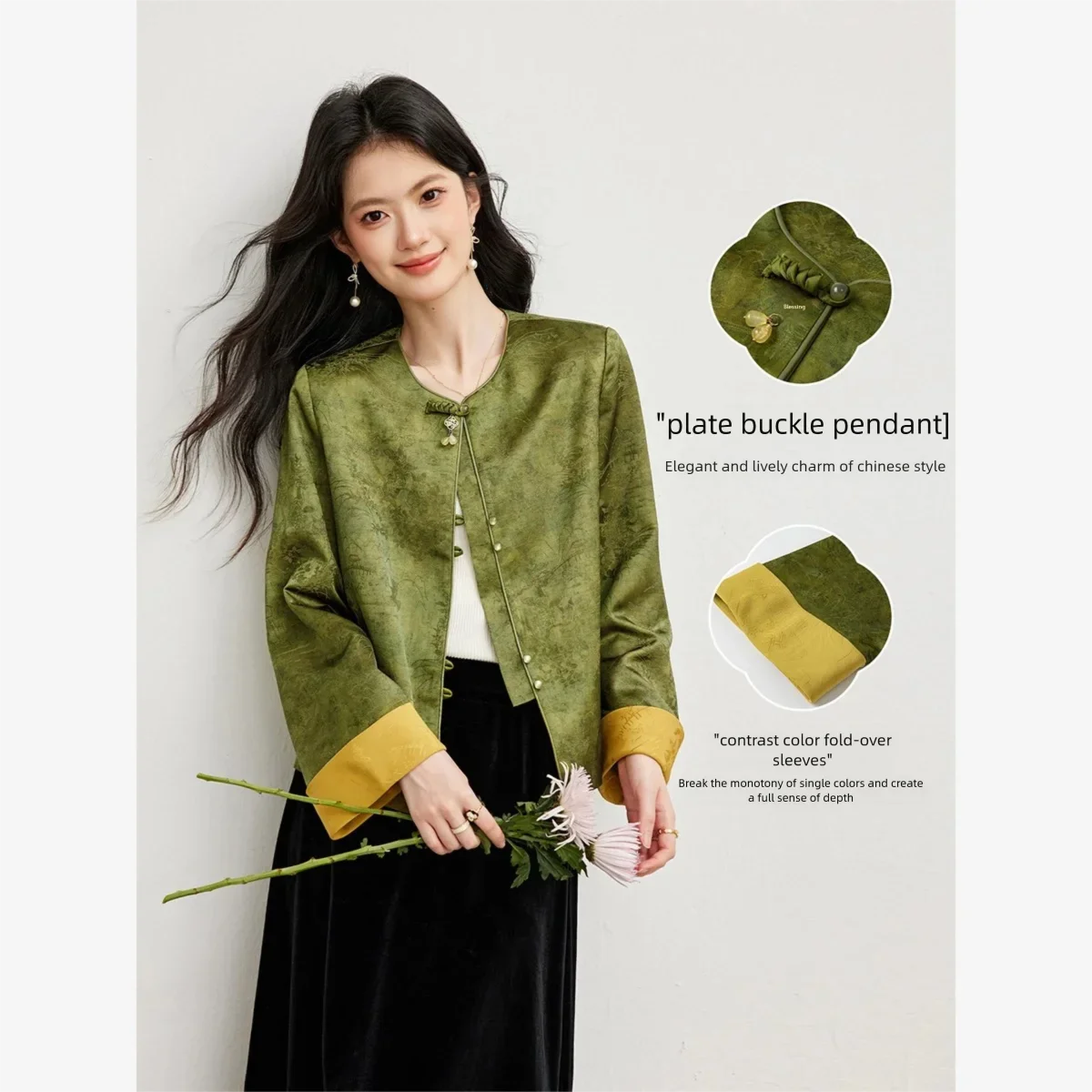VIMLY New Chinese Style Green Short Coat Women 2026 Autumn Subtle Jacquard Color Contrast Jacket Fashion Female Outwears A7552