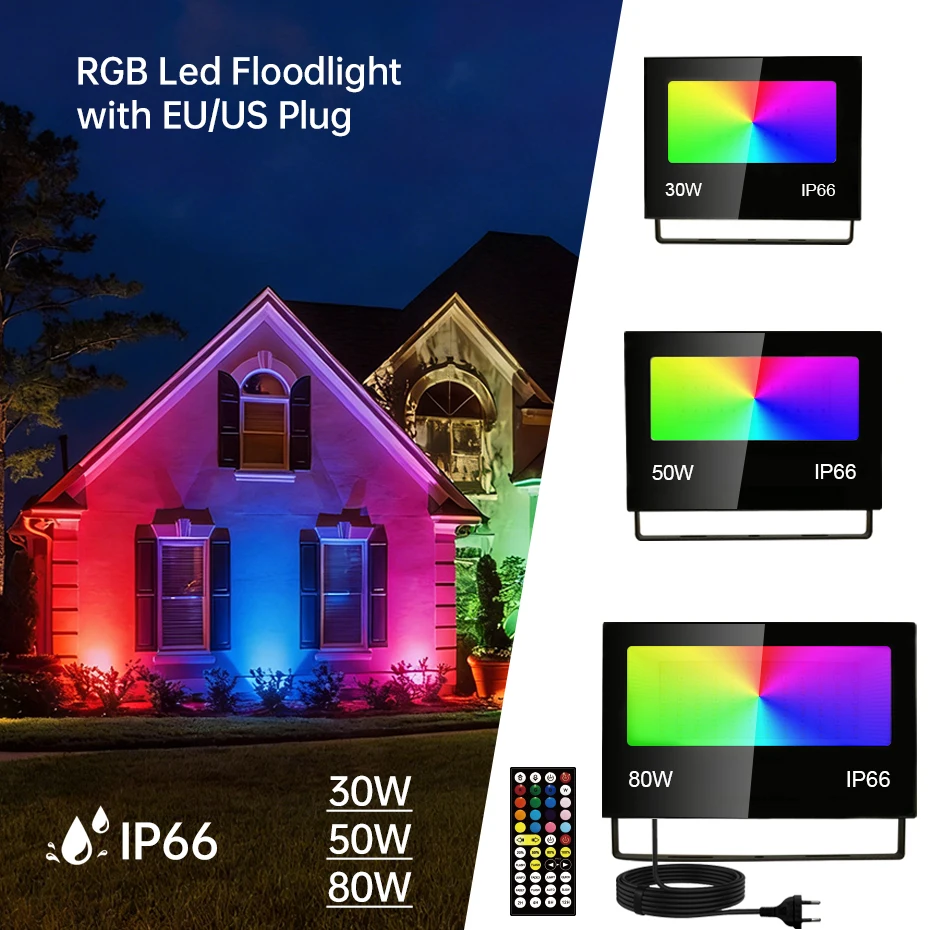 

Уличный светодиодный RGBWW прожектор-рефлектор с вилкой EU/US/AU/UK, водонепроницаемый, 30W/50W/80W, RGB LED прожектор для наружного освещения
