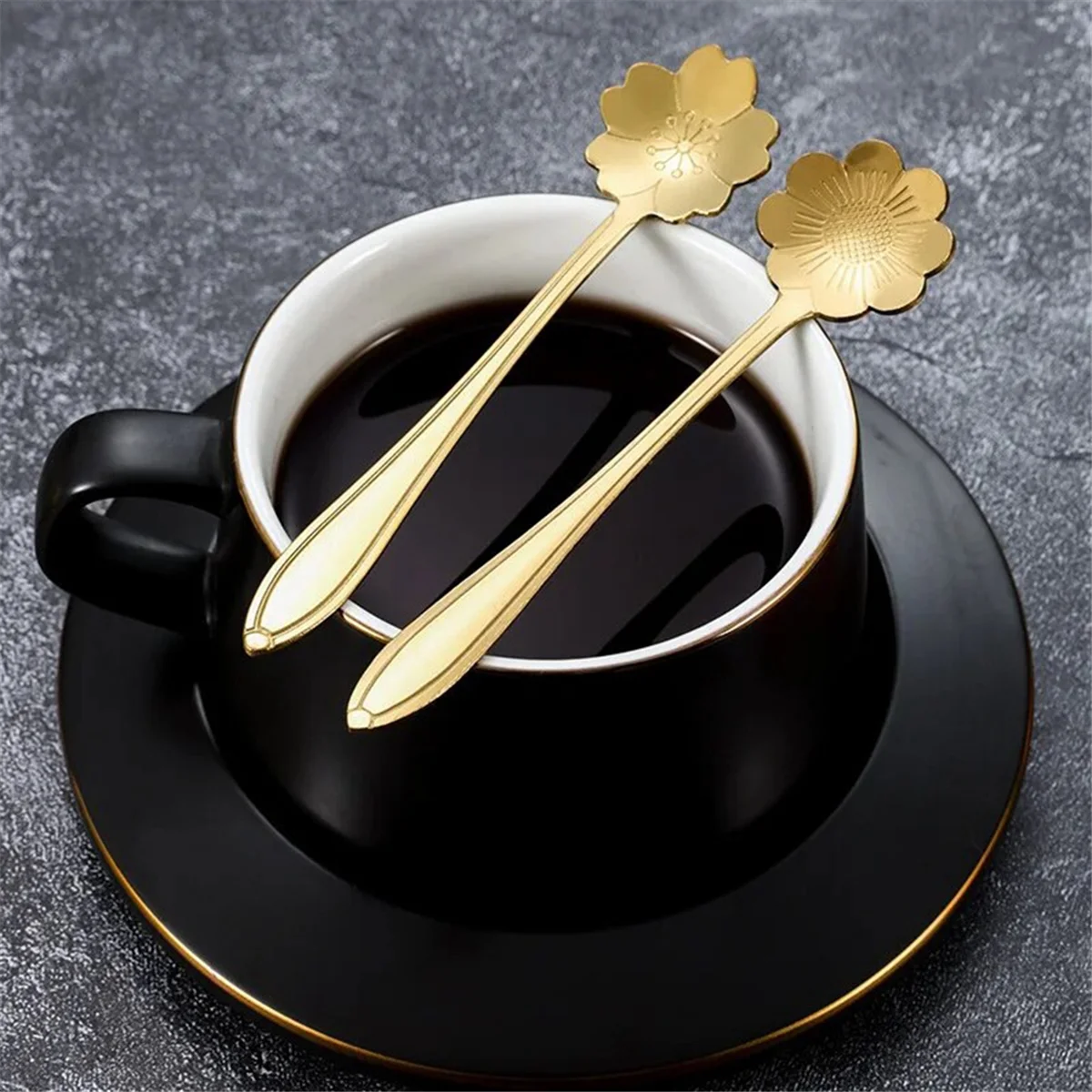 Stainless Steel Cherry Flower Gold Scoop Coffee Spoon Gift Kitchen Dessert Tea Accessories Tableware Decoration Set 13Cm