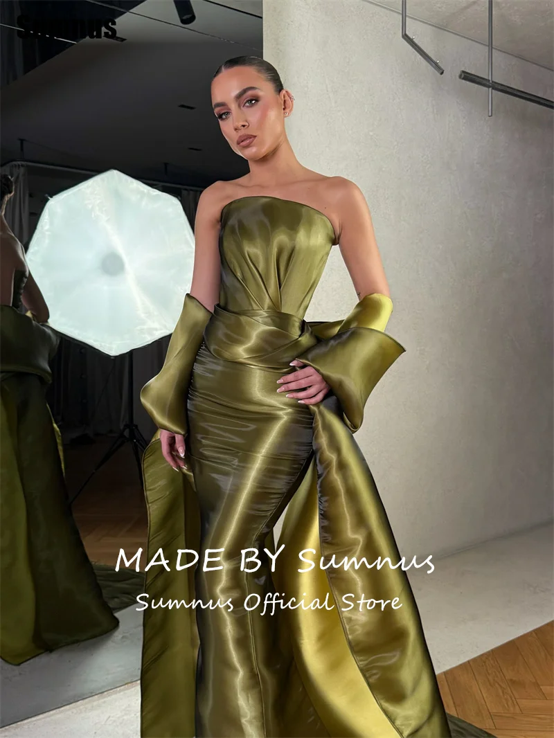 Sumnus Elegant Mermaid Evening Dresses Satin Strapless Olive Green Pleats Formal Dresses Train  فساتين سهرة Customized