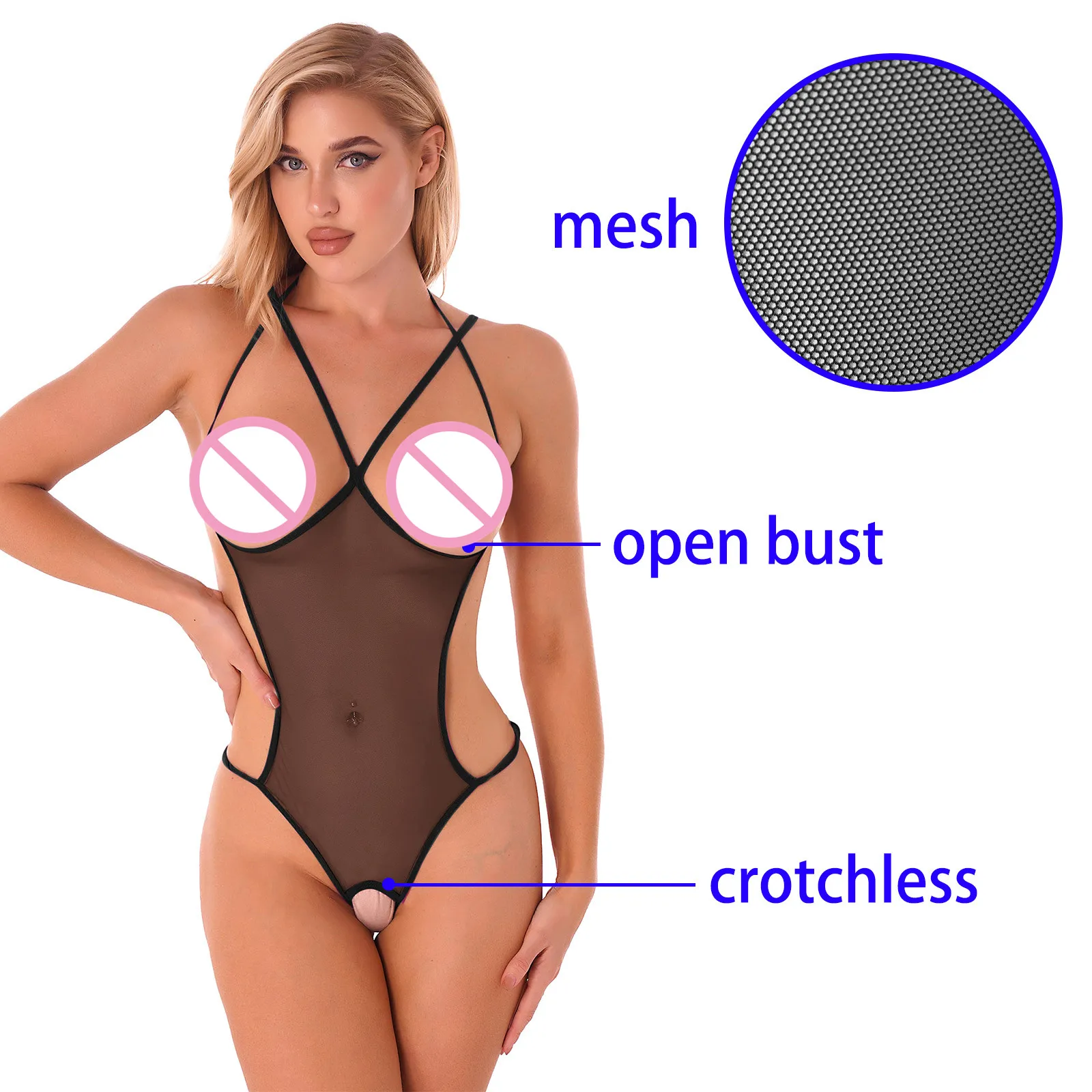 Women See-through Mesh Open Bust Crotchless Bodysuit Hollow Out Halter Neck Backless Leotard Erotic Lingerie Sheer Nightwear