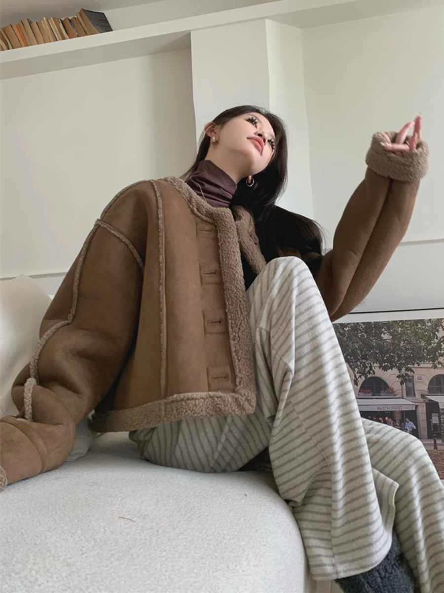 REDDACHiC Giacca bomber in pelle in pile Sherpa da donna Cappotto corto senza colletto abbottonato Capispalla casual vintage autunno inverno