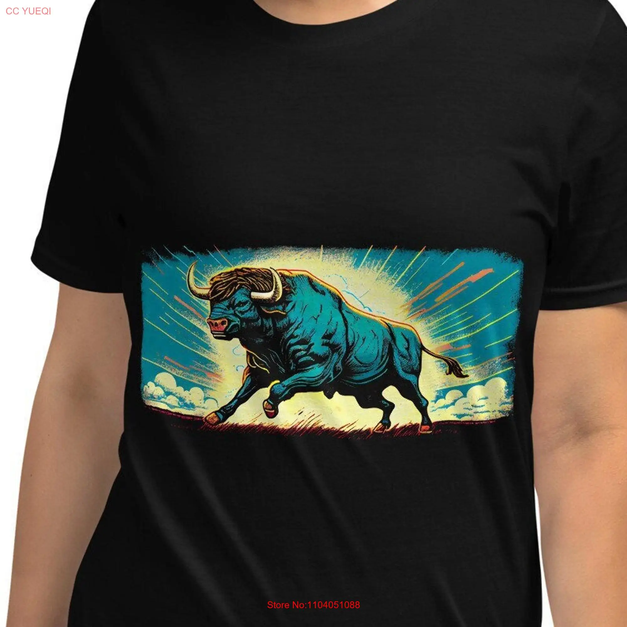 Blue Charging Bull T Shirt Dynamic Vintage Retro Style Vibrant Power Strength long or short sleeves