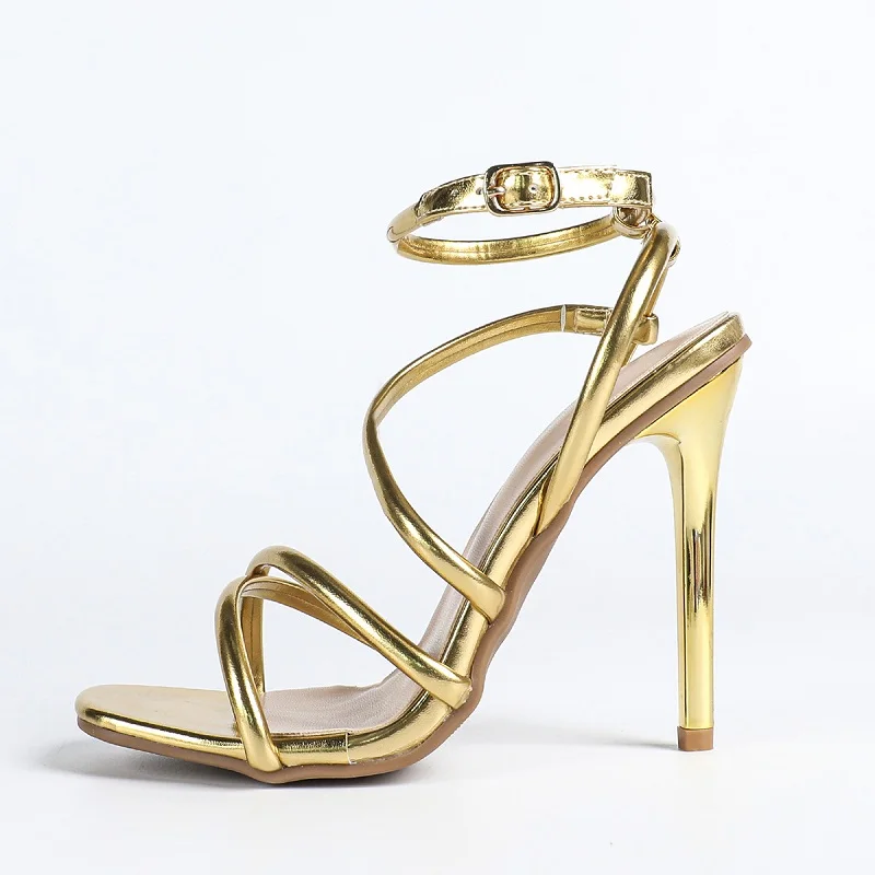 Aneikeh Fashion Golden Open Toe Thin High Heels Sandals Women Narrow Band Buckle Strap Shoes Summer Stripper Zapatos De Mujer