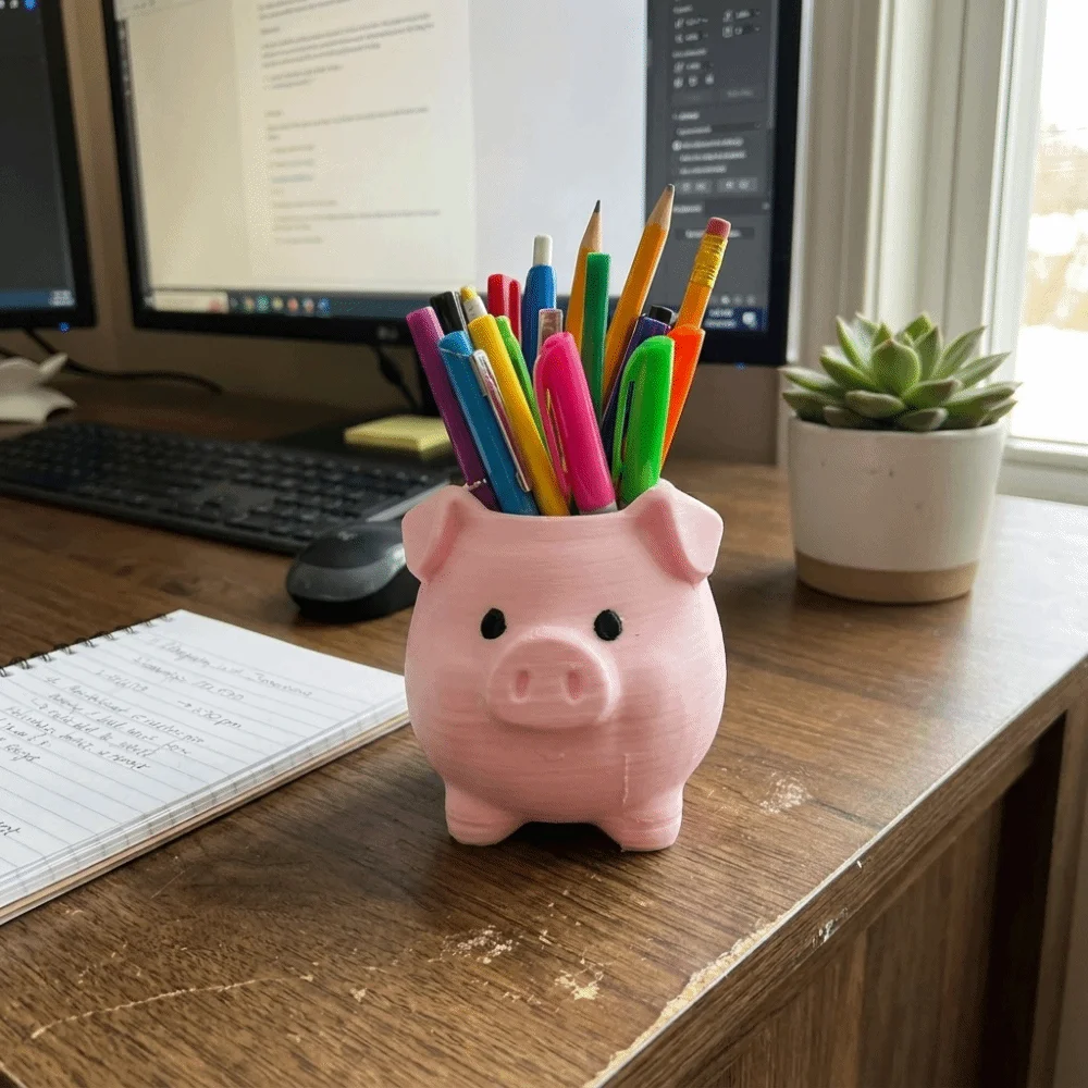 3D Printed Pig Pen Holder Plastic Cartoon Makeup Brush Holder Pig Figurine Animal Shaped Succulent Pot Stationery Organizer