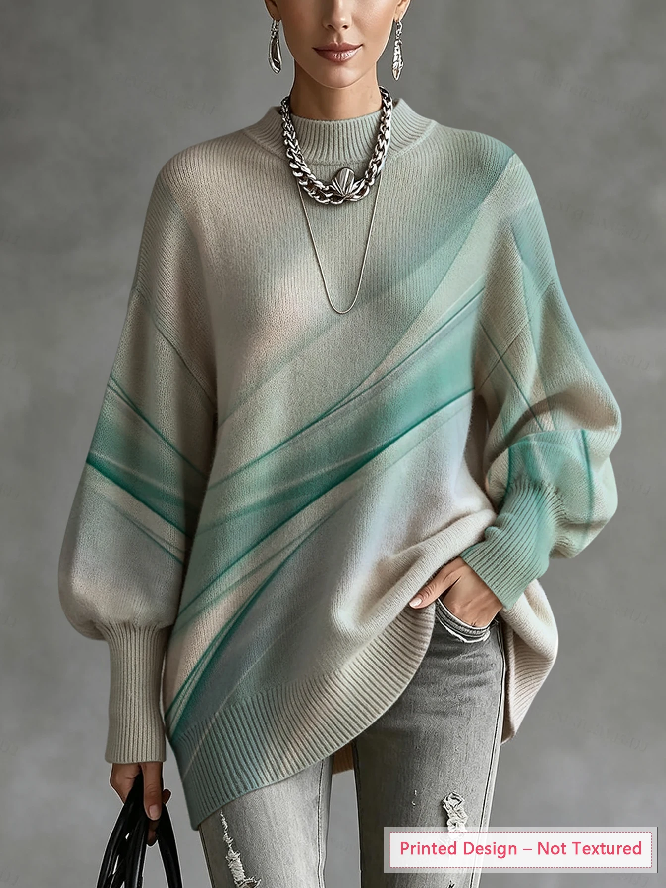 Women's Autumn and Winter Thin Knit Top with Artistic Gradient Print, Irregular Hem, Lantern Sleeves, Casual Style