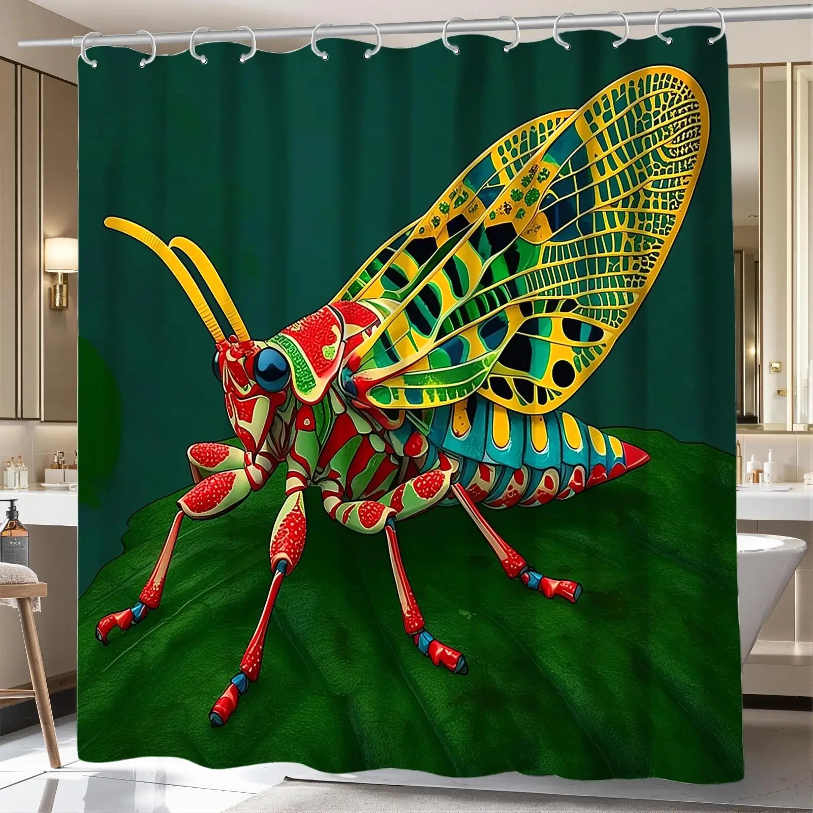 Vibrant Tropical Insect Life Bathroom Shower Curtain Jungle Green Dragonfly Art Home Decor
