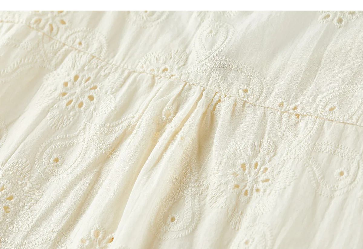 SENTUBILA Damen-Baumwoll-Französisches Hemd 2026 Sommer Rundhals Hohlstickerei Gerades Kurzarm-Oberteil für Pendler W62VF7409 – Detail 40