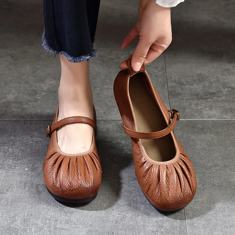 

Birkuir Genuine Leather Retro Pleated Mary Jane Shoes For Women Flat Heel Platform Luxury Buckle Flats Handmade Soft Soles Shoes