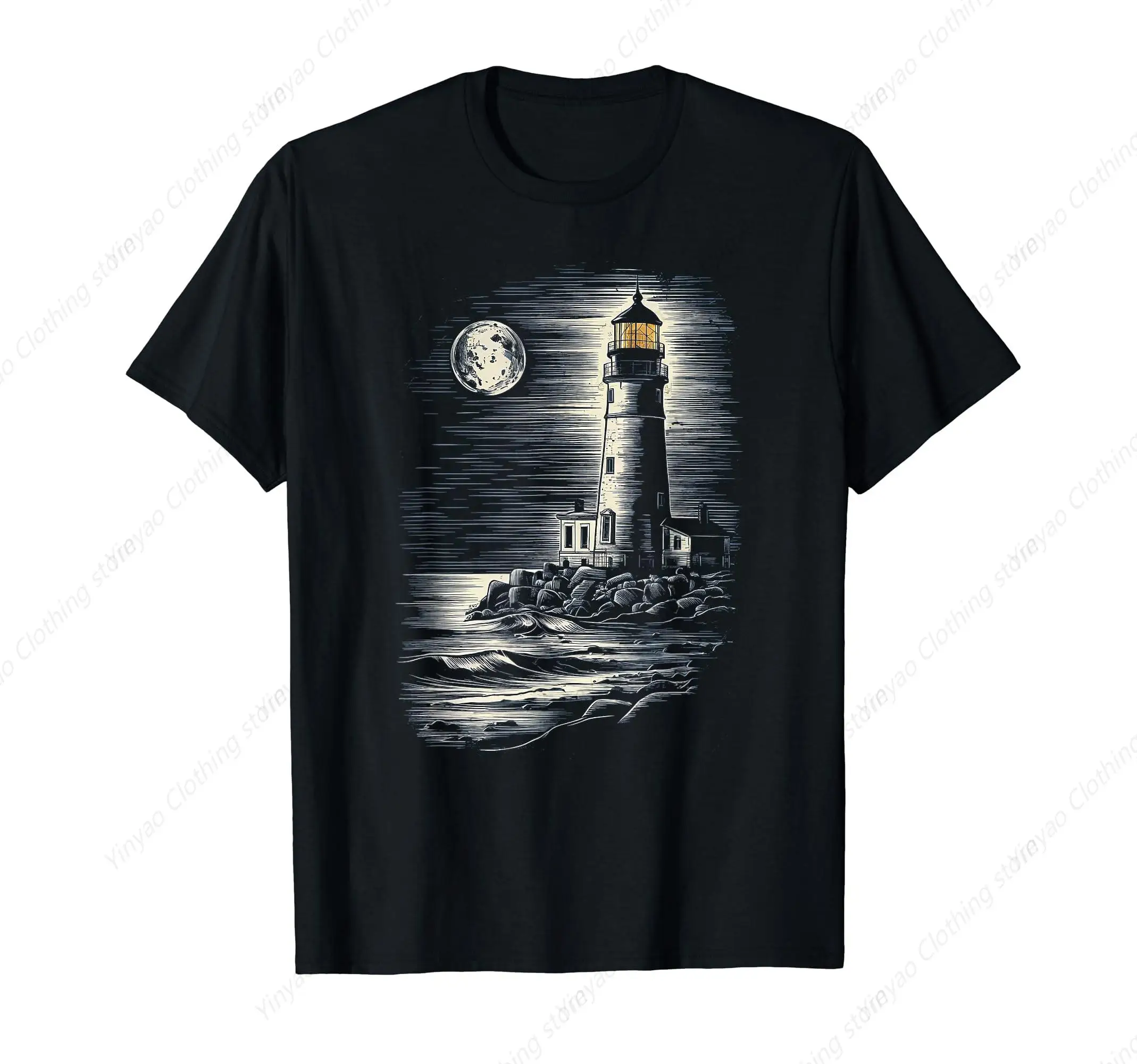 Full Moon Lighthouse Navigation Sea View Men's and Women's T-shirts Cool Men's Cotton Gift Short Sleeves