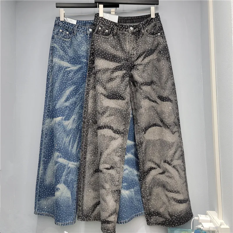 

Shiny Rhinestone Design Washed Jeans For Women's New Autumn High Waist Loose Slimming Versatile Straight Wide Leg Denim Pants