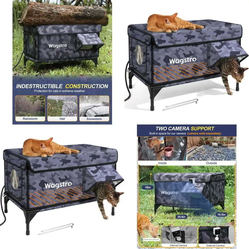 

Insulated Outdoor Cat Shelter with Waterproof Eaves, Escape Door, and Elevated Design for Feral Cats (Black Camo, 25.6x16.5x18)