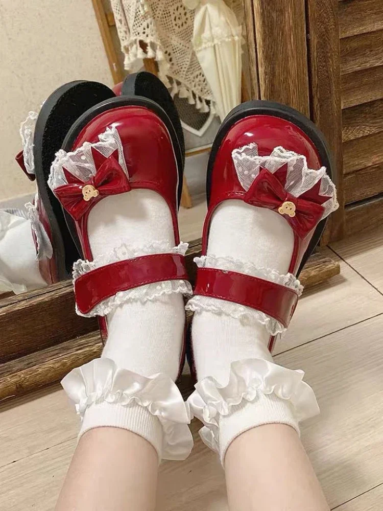 Japanese Lolita Mary Janes Shoes Women Lace Kawaii Sweet Bow Pumps Shoes Female Cute Bear Round Toe Designer Shoes 2024 Summer