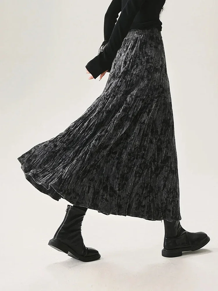 

Velvet Pleated Women Skirt Temperament Jupe Fashion Korean Saia High Waist A-line Tie-dye New Skirts 2025 Faldas Mujer De Mod