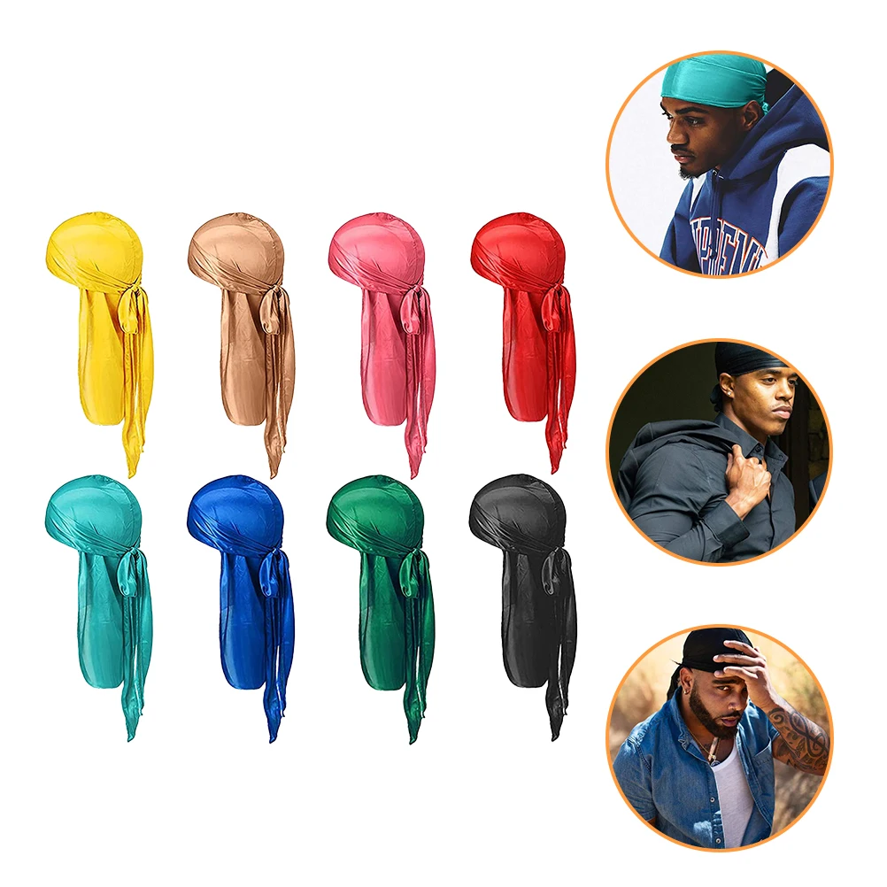 

8pcs Satin Durag Scarf Long Tail Wrap For Hair Loss Pirate Turban Elastic Headscarf Muslim Cap Sleep Wrap Big Head Design Gift