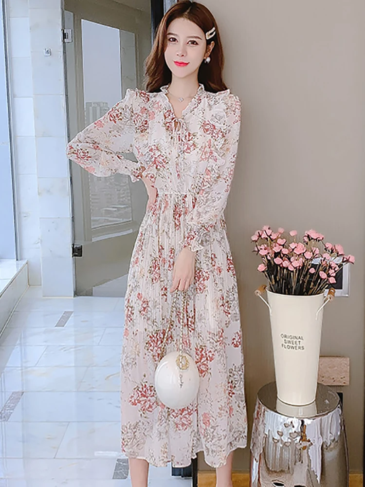 Vestido elegante de gasa Floral de manga larga con volantes para mujer, vestido largo ajustado elegante de otoño, vestido de fiesta de lujo elegante de moda coreana 2025