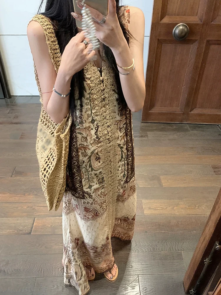 RORIRI خمر طباعة غرزة الخامس الرقبة تانك فستان طويل المرأة الصيف بلا أكمام فضفاضة عادية ألف خط قطعة واحدة بوهو عطلة الملابس