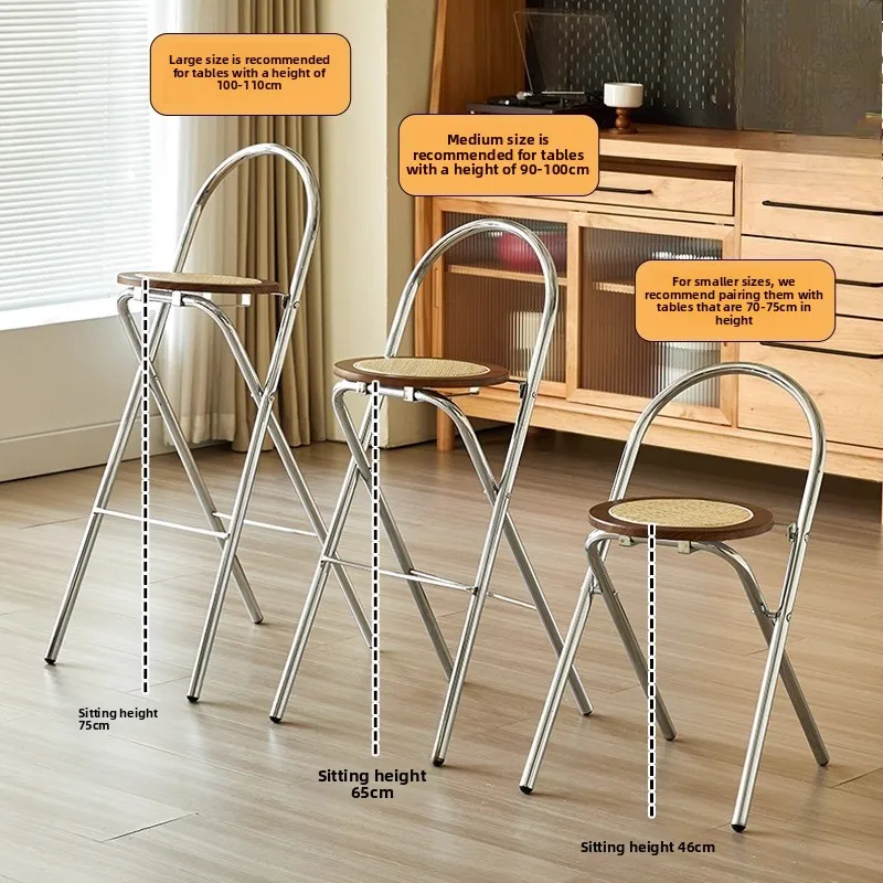 Folding high stool, back chair, solid wood rattan high chair can be stacked for home use