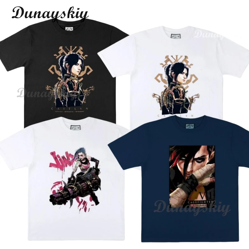 Arcane Caitlyn Cosplay T Shirt Fashion Men Aesthetic Anime Vi Jinx T-Shirt Cartoon Casual Vintage Cotton Shirts Customized