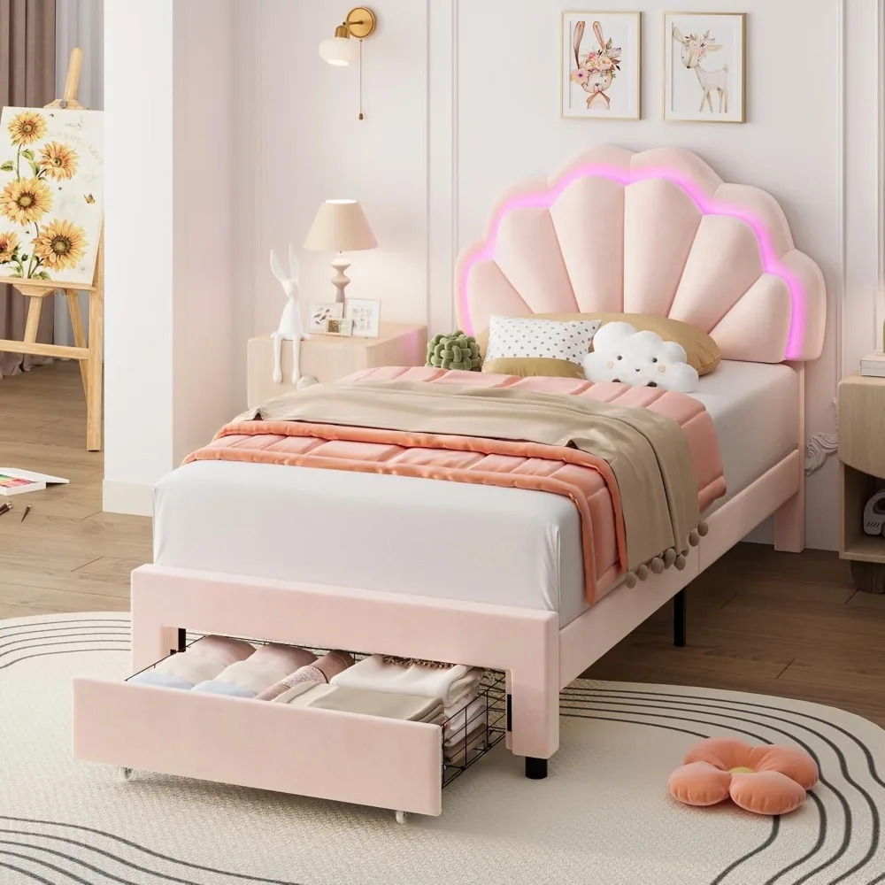 

hifit twin upholstered smart led bed frame with storage drawer and adjustable chic double petal headboard, princess platform bed