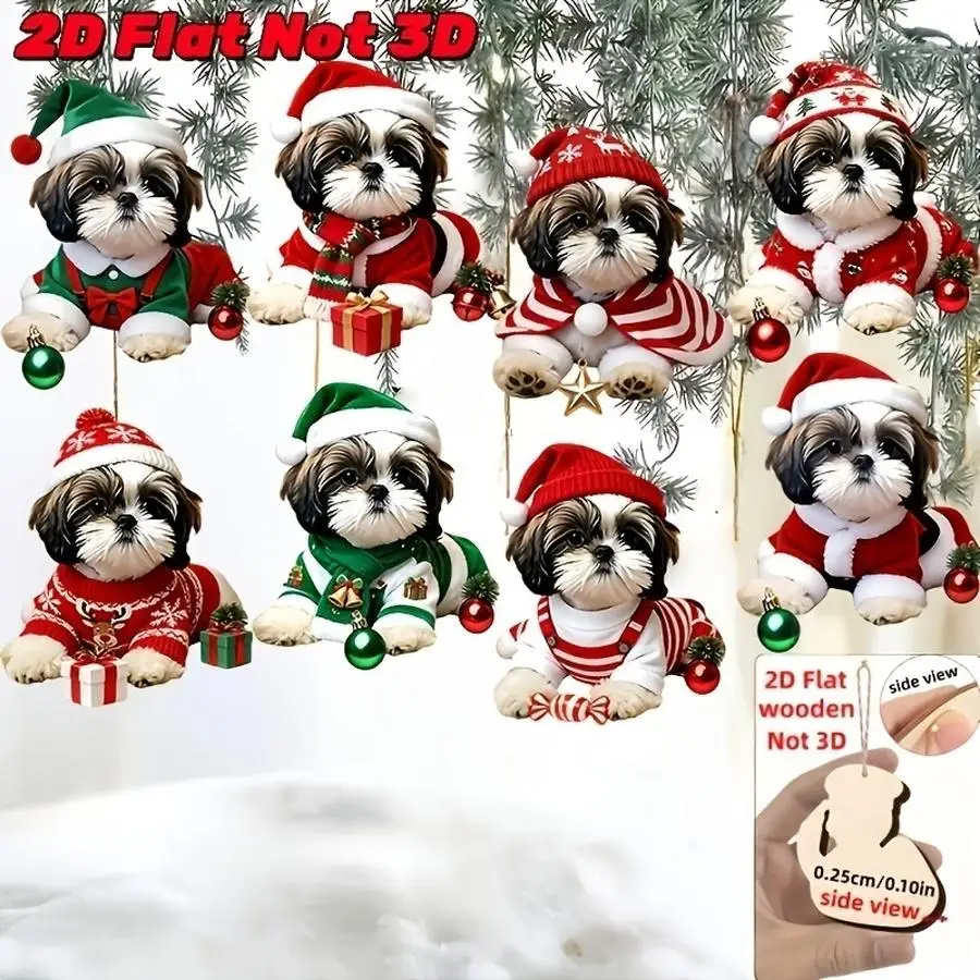 1/5/10/20/50/100pcs 2D Flat Set, 8-Piece Christmas Decor Set, 8-Piece Cute Christmas Figurines Set, Shih Tzu-Themed Design Patte
