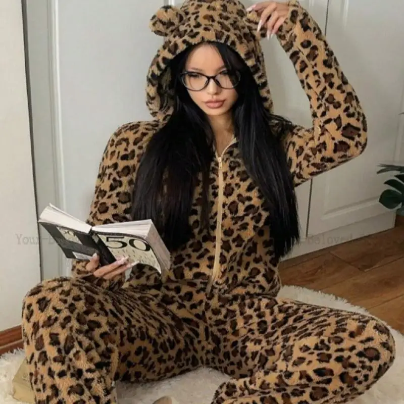 Fall Men Women Leopard Onesie Pajamas Hooded Zip One Piece Sleepwear Furry Warm Cozy Unisex Cosplay Lounge Wear