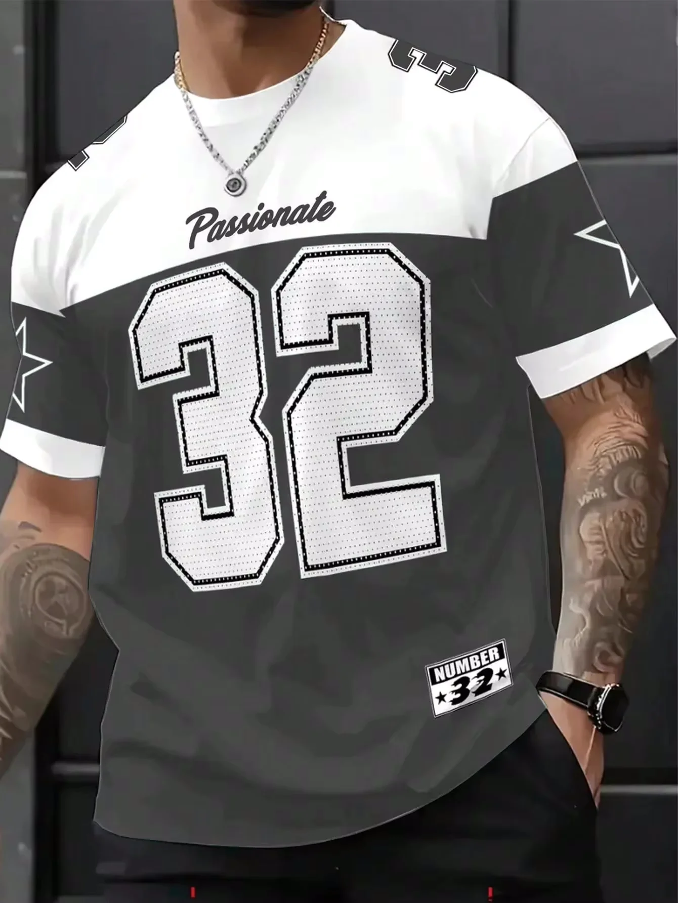 Mens Number 32 Print TShirt American Vintage Style Streetwear Color Block Design Trendy Casual Tee Soft Comfortable Men Clothing