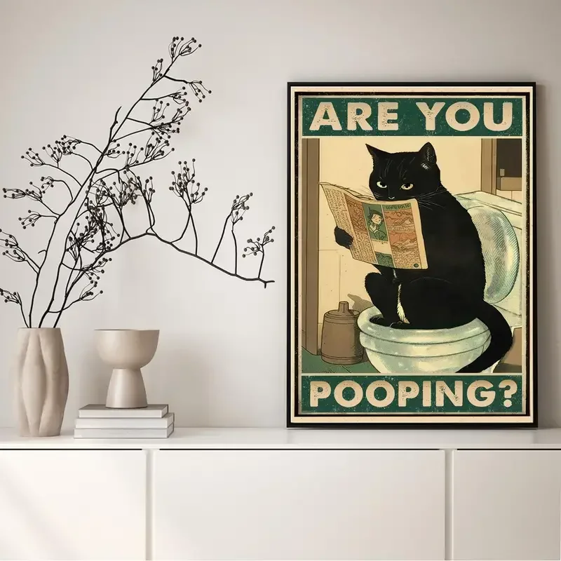 1pc Canvas Poster Inspirational Quote FunnyWall Art Are You Pooping Black Cat Kitten Watching Newspaper In Toilet   No Frame