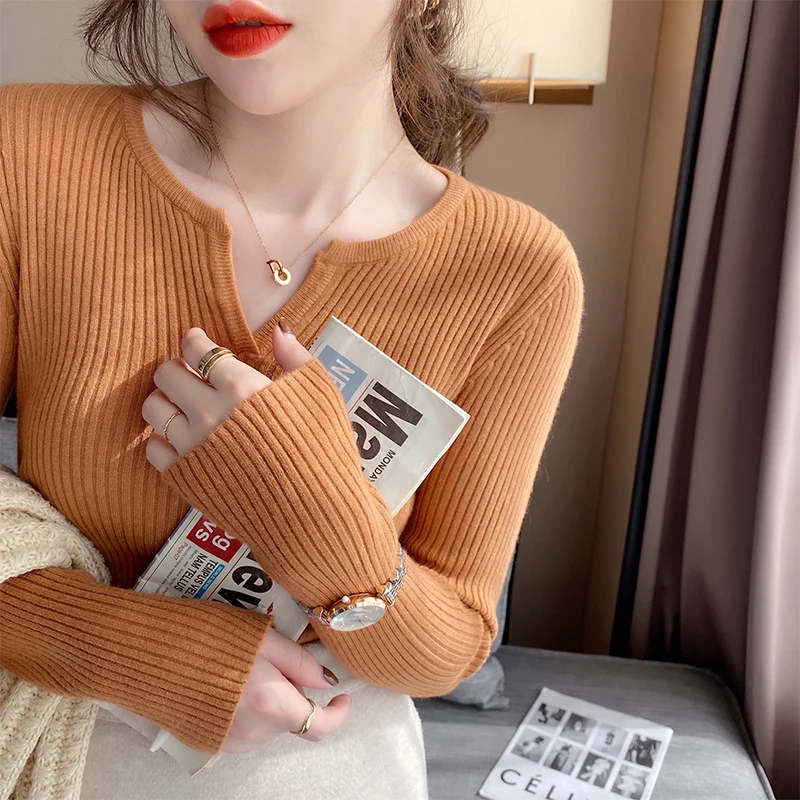 Women Long Sleeve V-Neck Slim Sweaters Korean Ladies Knitted Casual Pullovers Top 2023 Autumn Winter Knitwears Jumper Pull Femme