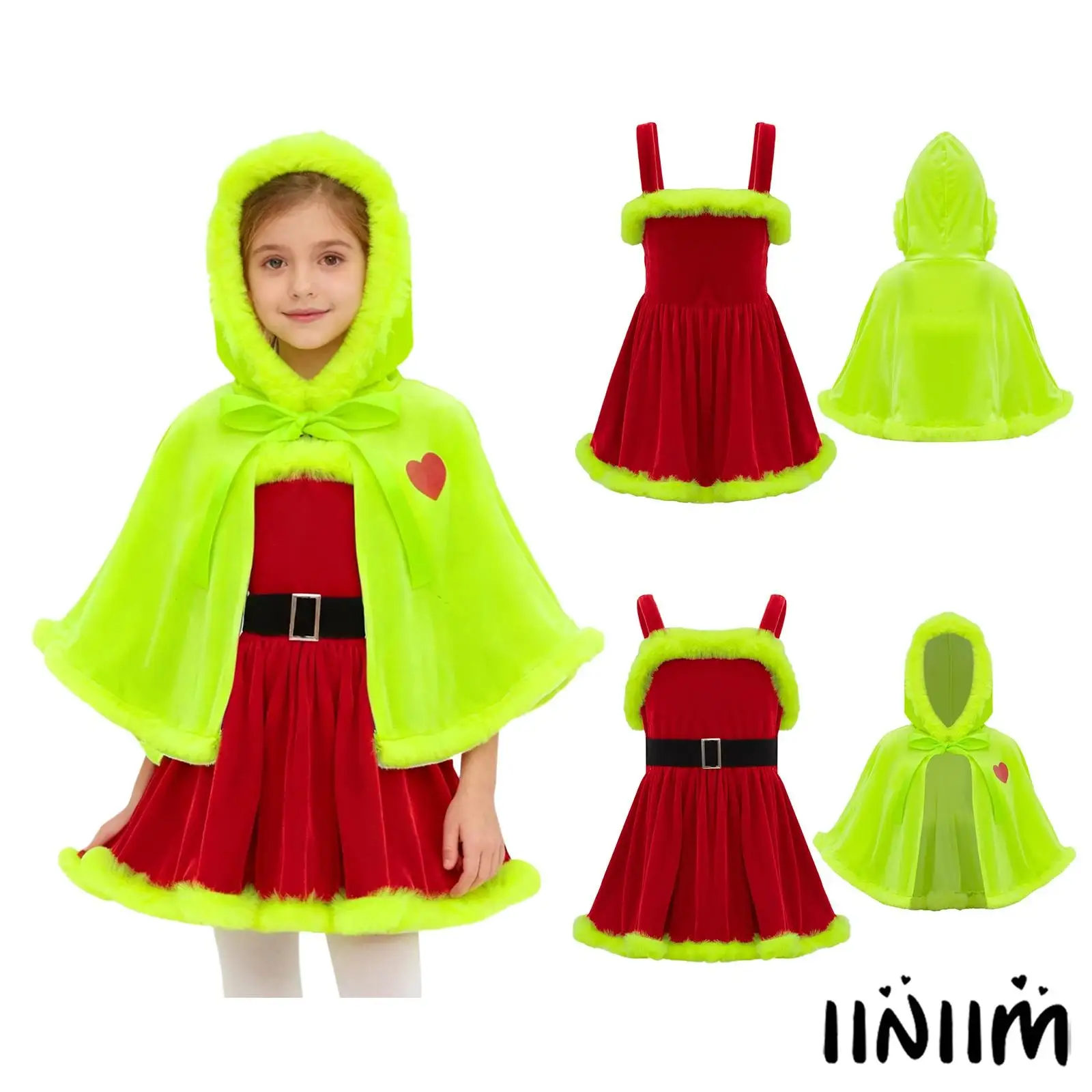 

Kids Girls Christmas Princess Dress Up Outfits Plush Trim Sleeveless Xmas Ballet Dance Dress with Waistbelt Hooded Shawl Cape