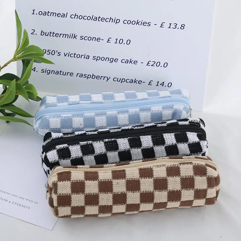 Трикотажная Шахматная сумка для ручек, хранение макияжа, канцелярские принадлежности для студентов, чехол для карандашей, школьные принадлежности