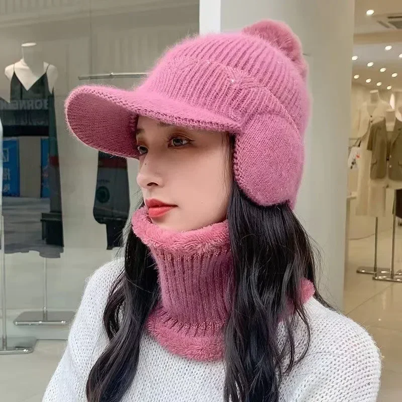 Knitted Earflap Hat Winter Warm For Women's Solid Color Pompom Ear Protection Baseball Cap Female Outdoor Cycling Earmuff Caps