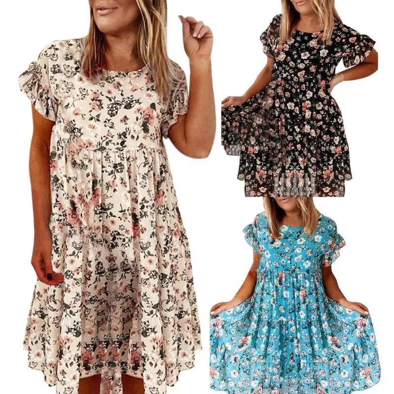Zomer geplooide vrouwen chiffon jurken casual strand vakantie korte mouw vierkante kraag vrouw midi-jurk bohemien mujer vestidos
