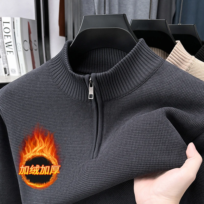 Suéter masculino com veludo grosso para o calor, novo moletom com capuz com gola com zíper de meia altura de inverno, top moderno para jovens